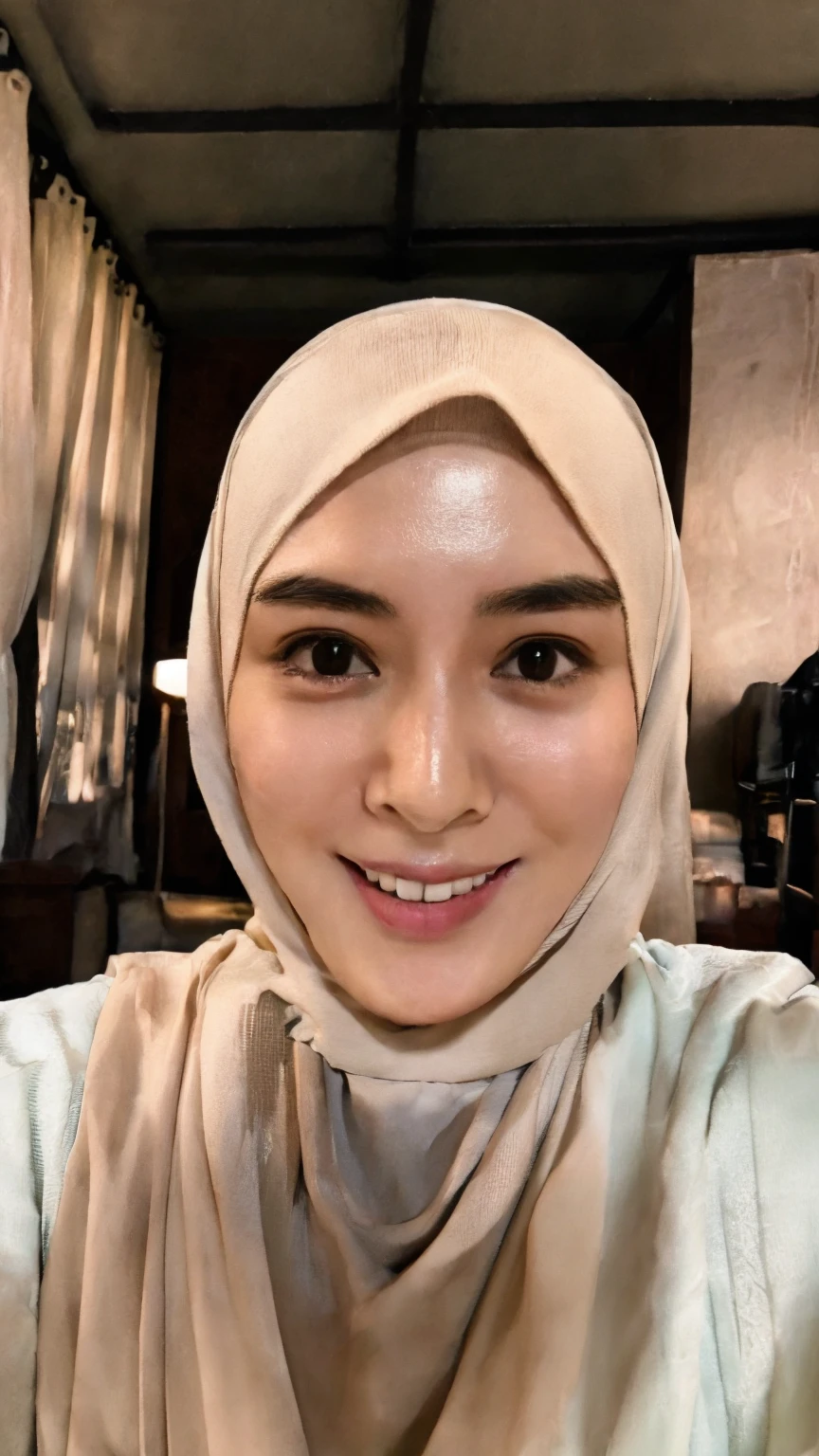(best masterpiece), ultra-high quality, highly detailed, Ultra-HD Images, soft lighting, Ultra-Fine Picture, DSLR, ultra sharp, ((Ultra-HD Picture:1.4)), 8K IMAGES, ((realistic detailed human:1.2)), Ayana Mooj-Instagram Celeb, hijab, big breast, forward chest, ((bikini)), Thin smile, Round eyeballs, droopy eyelids, looking down pose, living room, full body