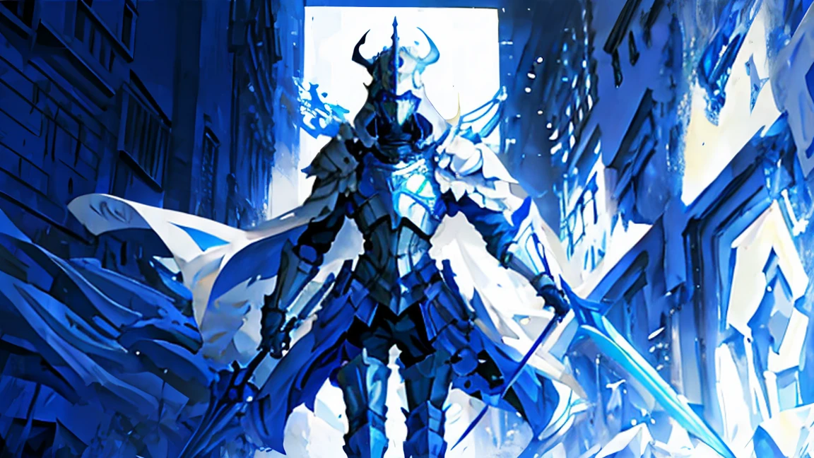 Male Knight,Blue and white armor,Mask,Knee pads,Blue and white cape,Spear,