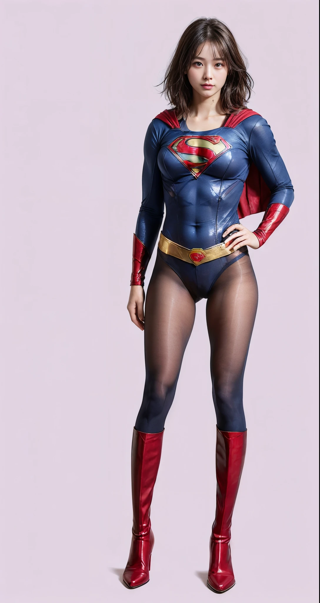 No background、(((Beautiful legs in black tights.)))、(((Legally express the beauty of your smile)))、((((Make the most of your original images)))、(((Supergirl Costume)))、(((Beautiful very short hair)))、(((suffering)))、(((Please wear black tights....、Wear red boots)))、((Best image quality、8K))、((Highest quality、8K、masterpiece:1.3))、(((Preserve background )))、Sharp focus:1.2、Beautiful woman with perfect figure:1.4、Slim Abs:1.2、Wet body:1.5、Highly detailed face and skin texture、8K