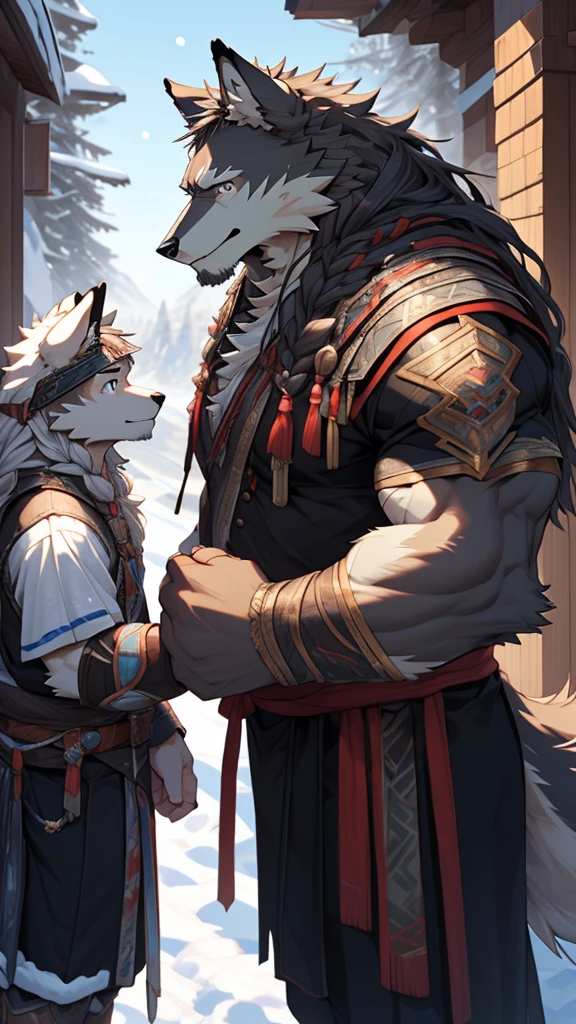 (photorealistic:1.4), 8k, (masterpiece), best quality, highest quality, (highly detailed fur:1.5), (detailed muscles:1.4), (detailed face:1.5), (realistic eyes), original, highres, unparalleled masterpiece, ultra realistic 8k, perfect artwork, grey wolf, male, middle aged, (general:1.2), armor, scars, (casual clothing:1.3), long hair, braided hair, white braids, cold northern environment, (snowy:1.2), (father and son bonding:1.4), (heartwarming interaction:1.3)