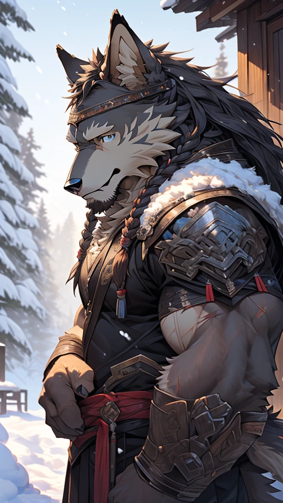 (photorealistic:1.4), 8k, (masterpiece), best quality, highest quality, (highly detailed fur:1.5), (detailed muscles:1.4), (detailed face:1.5), (realistic eyes), original, highres, unparalleled masterpiece, ultra realistic 8k, perfect artwork, grey wolf, male, middle aged, (general:1.2), armor, scars, (casual clothing:1.3), long hair, braided hair, white braids, cold northern environment, (snowy:1.2), (father and son bonding:1.4), (heartwarming interaction:1.3)