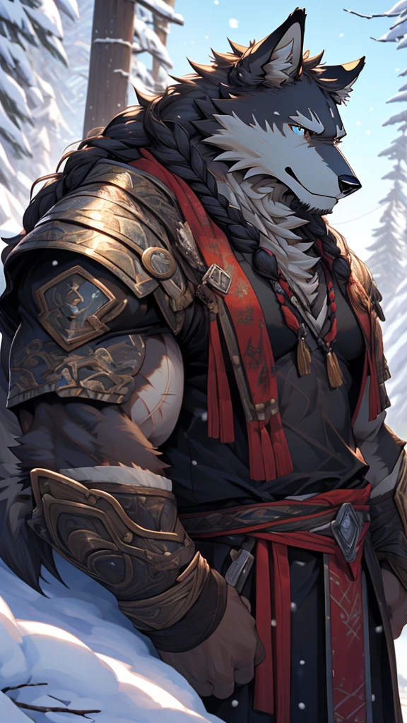 (photorealistic:1.4), 8k, (masterpiece), best quality, highest quality, (highly detailed fur:1.5), (detailed muscles:1.4), (detailed face:1.5), (realistic eyes), original, highres, unparalleled masterpiece, ultra realistic 8k, perfect artwork, grey wolf, male, middle aged, (general:1.2), armor, scars, (casual clothing:1.3), long hair, braided hair, white braids, cold northern environment, (snowy:1.2), (father and son bonding:1.4), (heartwarming interaction:1.3)