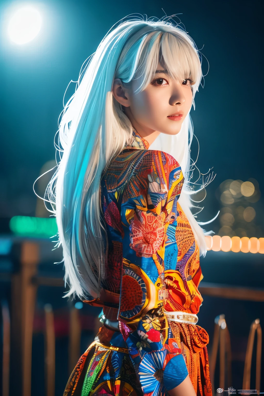 Masterpiece, high quality, high resolution, 8K, (solo:1.2), ((1girl)), Japanese woman, detailed face, detailed eyes, correct body structure, upper body, ((White hair:1.2)), very long hair, messy hair, slender body, seductive silhouette, luminous bones, depth of field, dark photo at nighttime, dimly lit, bangs, Cinematic Lighting, Tyndall effect, abstract background, futuristic outfits, vibrant colors, modern style, wide sleeves, artistic, unique patterns, colorful, stylish, trendy