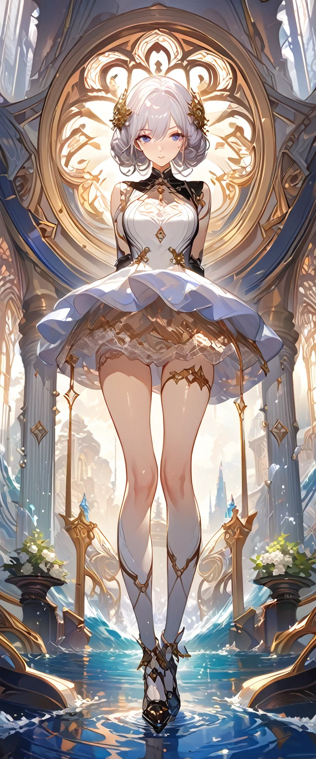 best quality ,masterpiece, illustration, an extremely delicate and beautiful, extremely detailed ,CG ,unity ,8k wallpaper, Amazing, finely detail, masterpiece, best quality, official art, extremely detailed CG unity 8k wallpaper, solo, thigh focus, (full body), arms behind back, white background, finely detailed face and eyes, extreme detail, detailed face, detailed hair, detailed clothes, high quality, slim body, water, masterpiece:1.3, focus:1.2, skirt, short skirt, transparent skirt, lace skirt, all kind of pose, big , hair ornament, meticulous clothes, inspired by Asukaziye artist : ask, art style : ask