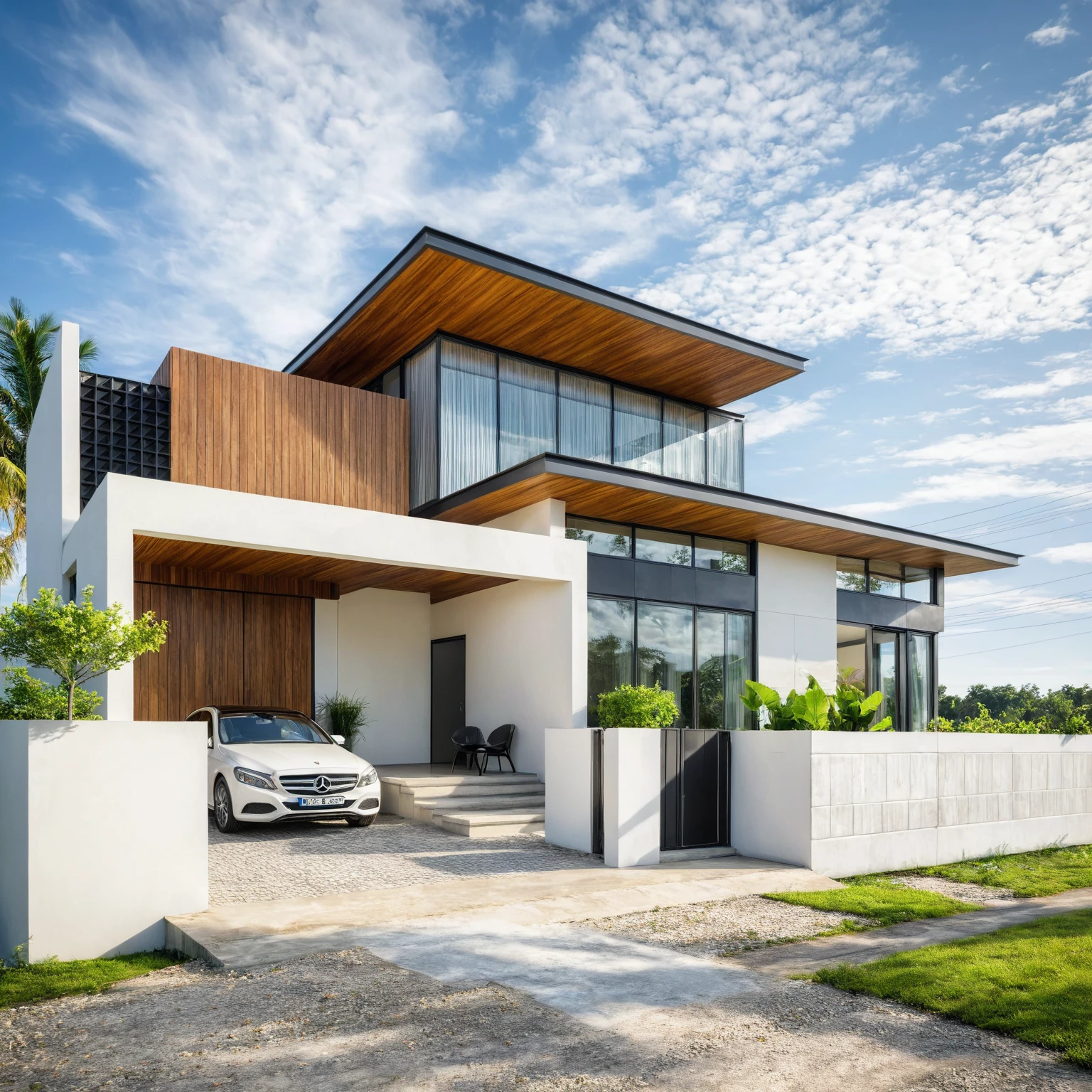 Masterpiece, high quality, best quality, authentic, super detail, outdoors, house style modern,bietthuhn, white wall, glass windows, gate road,pavement, grass, trees,blue sky, cloud, (day:1.1), realistic lighting