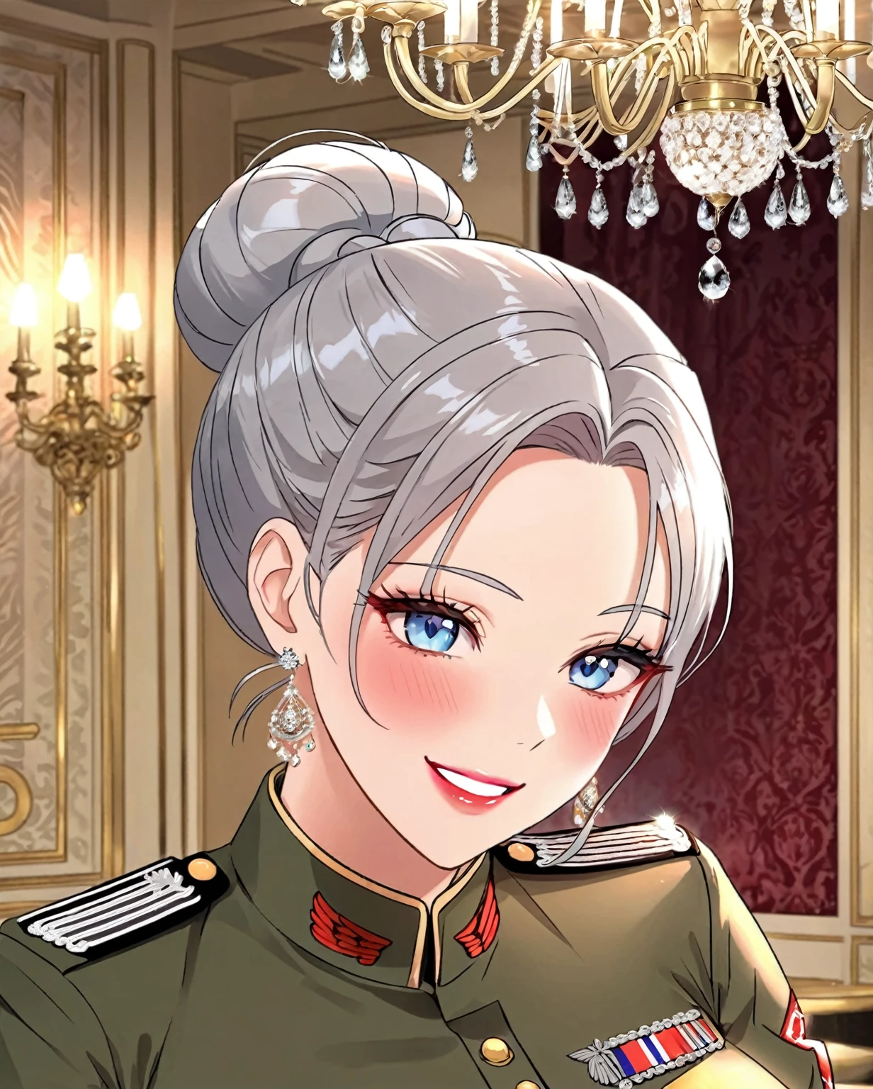 Hot sexy beautiful one women military officer commanding soldier on battlefield,  long silver chandelier earrings,big breasts, ,grey hair ,  hair bun,blush,blue eyes, smiling,red lipstick, military sergeant uniform 