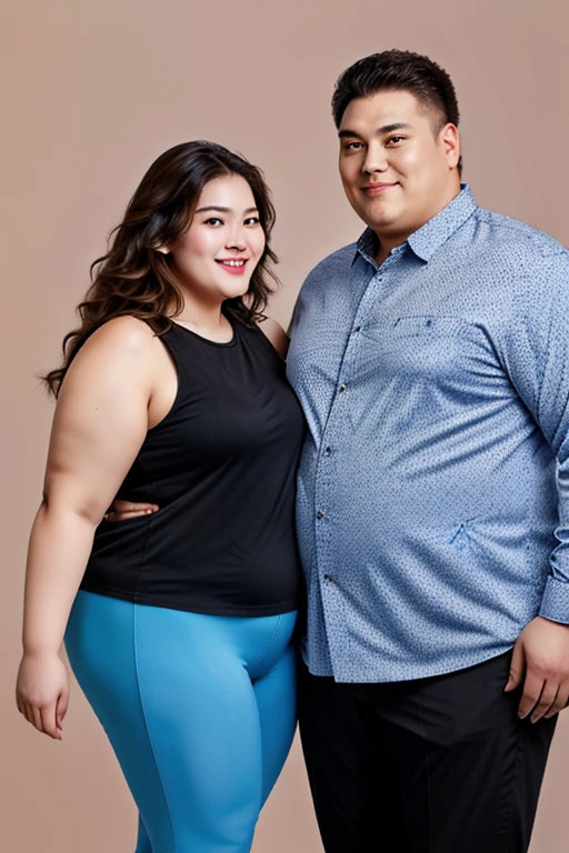 186cm 105kg thin man with abdominal obesity, (140kg upper body obese woman):1.7, friendly fat couple, photorealistic, 8K