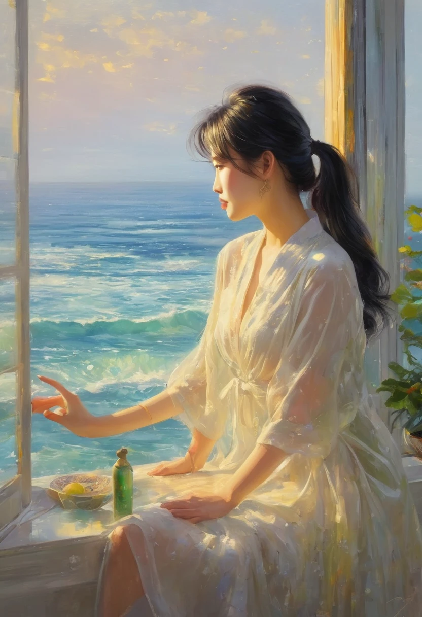 An oil painting,Great view from the window,sunrise,Ocean,horizon,peaceful,趴在窗台上看sunrise的女孩的背影