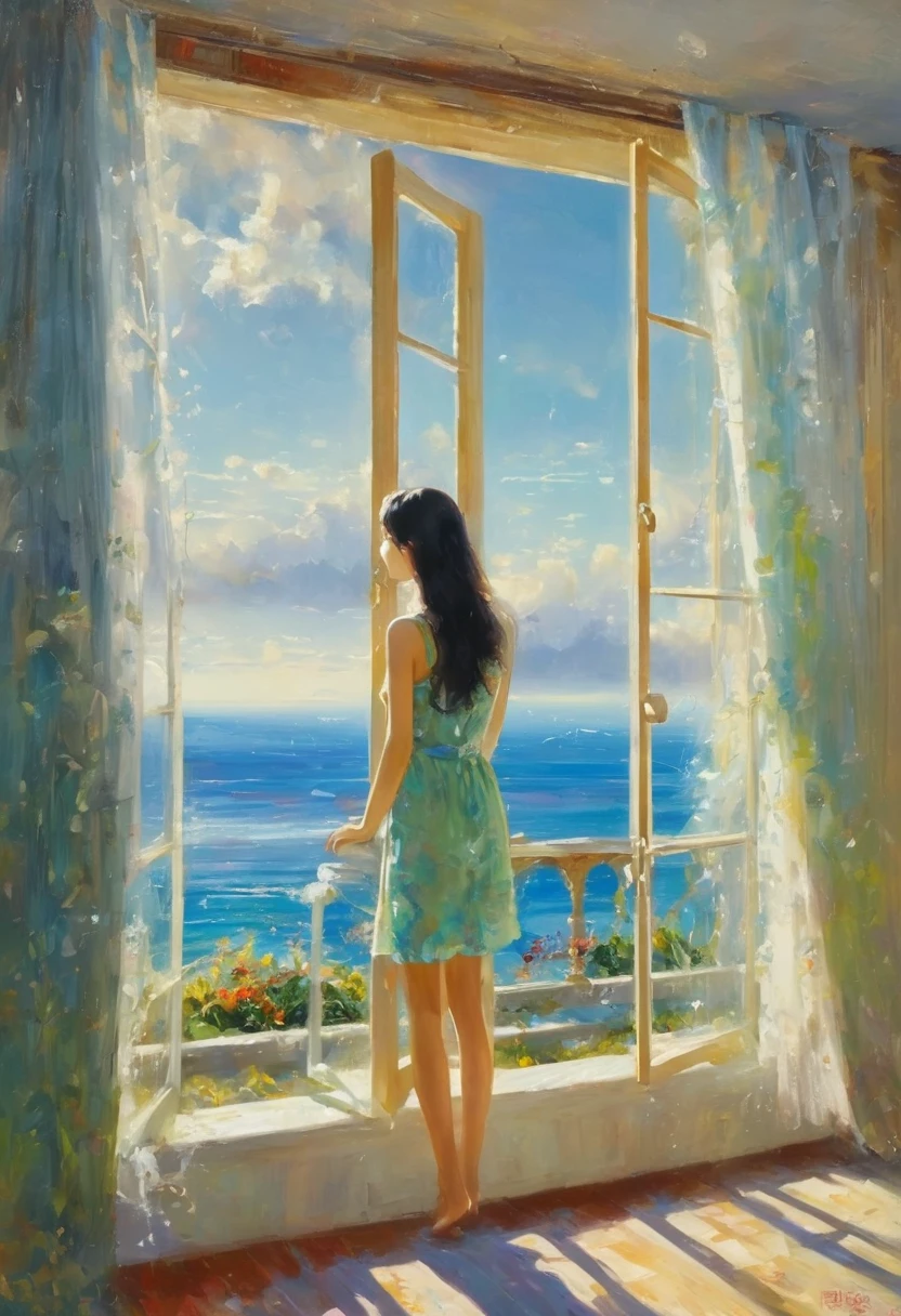An oil painting,Great view from the window,sunrise,Ocean,horizon,peaceful,趴在窗台上看sunrise的女孩的背影
