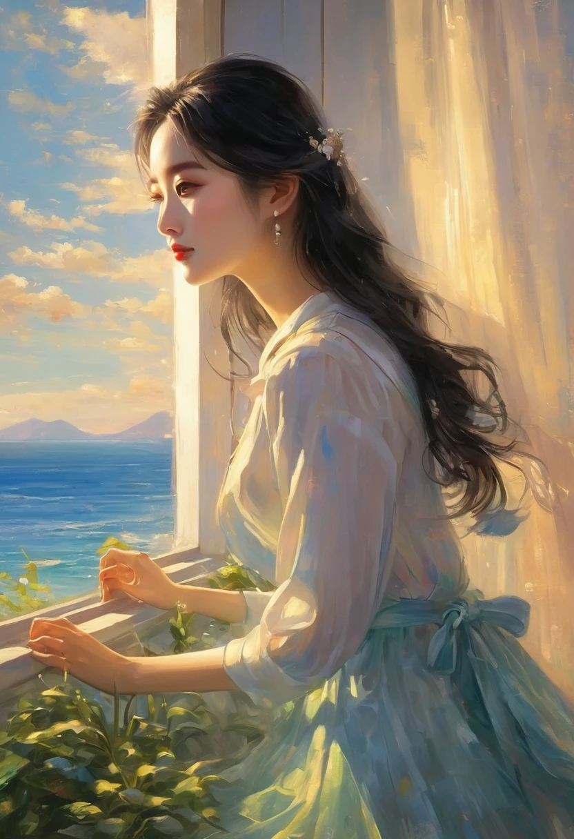 An oil painting,Great view from the window,sunrise,Ocean,horizon,peaceful,趴在窗台上看sunrise的女孩的背影