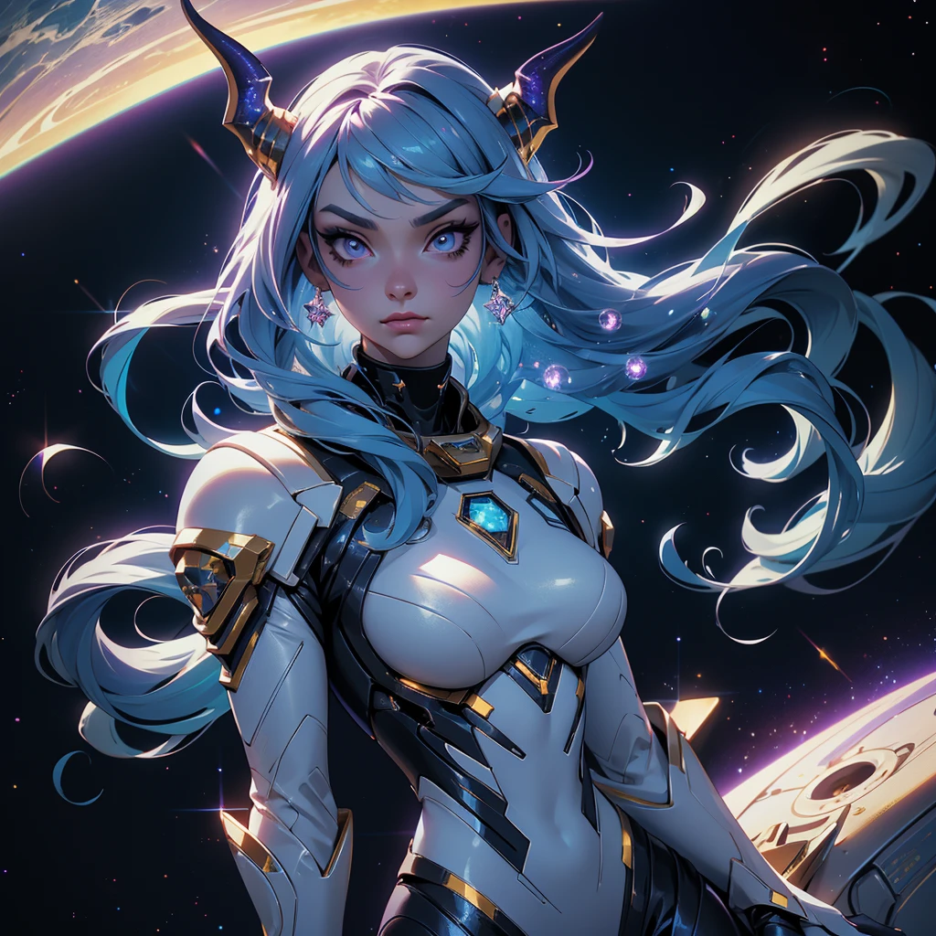 A space dragon sitting at the edge of the universe, lonely, sad, void, stars, the stars mixed in the sea, a sea of stars, ethereal woman, Blue and purple hair , space buns, space outfit, white black and gold outfit, golden dragon horns and tail, space outfit, space suit, mass effect suit, perfectly drawn face, black dress, stars detailed background, prismatic lighting, glitter, whole body, walking on the stars with crystal shoes A beautiful dragon humanoid woman with space hair of variant shades of blue and purple with space buns in hair , Golden scanes on the face and shoulders, Anime, 4k, Beautiful woman with a golden dragon tail and horns, Space hair, Floating in space, Vintage space Attire, floating through space, dancing, havign fun, Space Witch, Witch, Older woman, Toned physique, long hair with side bangs, humanoid face with scales, human with dragon horns and tail, witch outfit, body suit, thigh boots, wearing black, white and gold, blue hair, purple hair, Woman in space with water rippling reflecting the night sky, space and water mixed today, dancing in space, floating, ethereal dragon at the edge of the universe, end of the universe