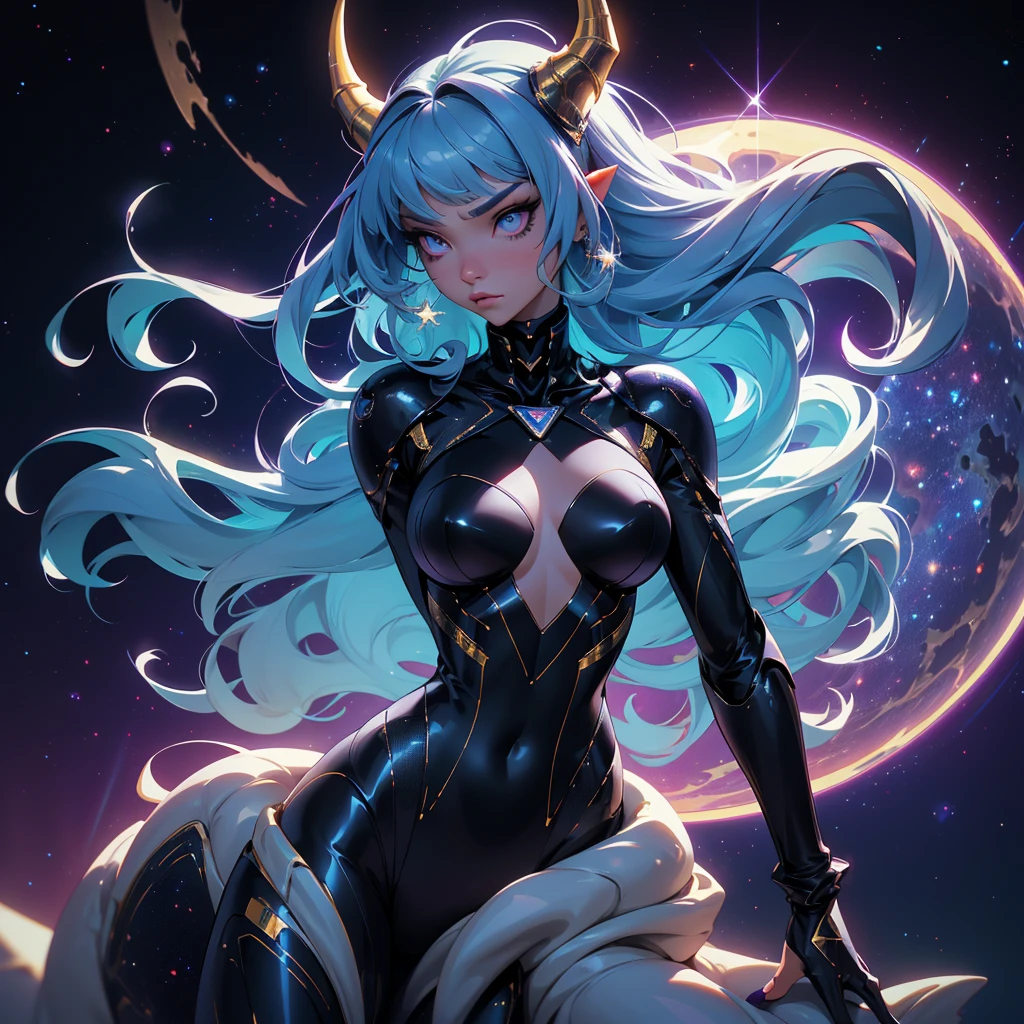 A space dragon sitting at the edge of the universe, lonely, sad, void, stars, the stars mixed in the sea, a sea of stars, ethereal woman, Blue and purple hair , space buns, space outfit, white black and gold outfit, golden dragon horns and tail, space outfit, space suit, mass effect suit, perfectly drawn face, black dress, stars detailed background, prismatic lighting, glitter, whole body, walking on the stars with crystal shoes A beautiful dragon humanoid woman with space hair of variant shades of blue and purple with space buns in hair , Golden scanes on the face and shoulders, Anime, 4k, Beautiful woman with a golden dragon tail and horns, Space hair, Floating in space, Vintage space Attire, floating through space, dancing, havign fun, Space Witch, Witch, Older woman, Toned physique, long hair with side bangs, humanoid face with scales, human with dragon horns and tail, witch outfit, body suit, thigh boots, wearing black, white and gold, blue hair, purple hair, Woman in space with water rippling reflecting the night sky, space and water mixed today, dancing in space, floating, ethereal dragon at the edge of the universe, end of the universe