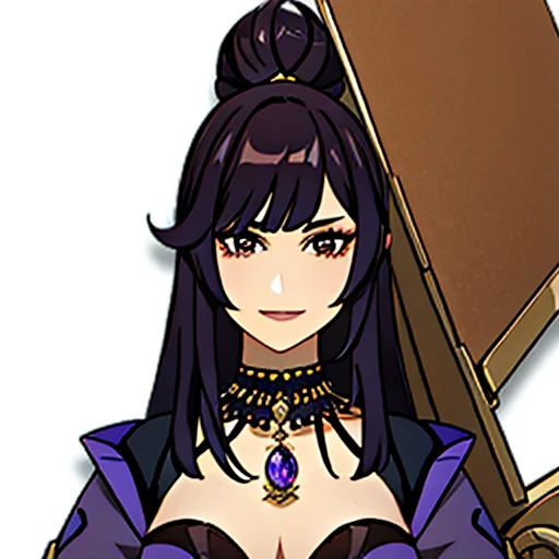 [a beautiful mature woman with a seductive smile and parted lips against a white background. She has sharp eyelashes, perfect brown eyes,  long black hair with bangs. His figure is voluptuous, with a narrow waist, Broad Hips, and huge breasts. The image has a style inspired by Genshin impact, with necklace with a purple crystal, rendered in high detail and HDR quality as a stunning work of art.] Full HD , Nude