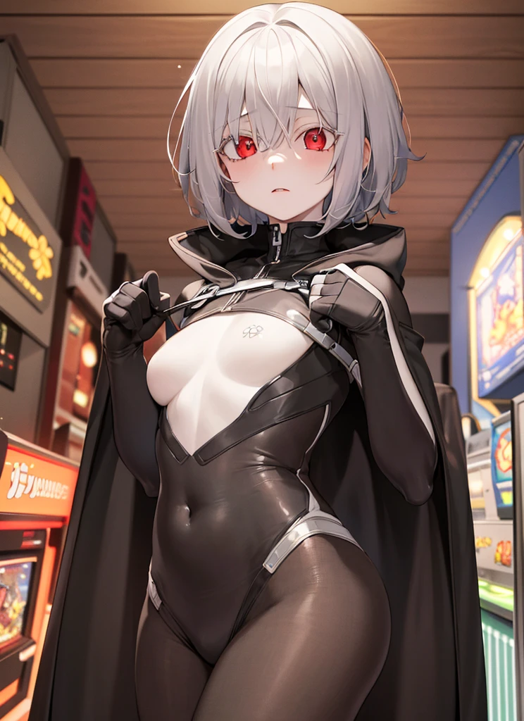 ((best quality)), ((highly detailed)), masterpiece, absurdres, (detailed eyes, deep eyes), (1girl), different views, ((wide shot)), cape, bodysuit, albino, white hair, short hair, red eyes, eyelashes, very pale skin, skinny, (small, breast, ), (indoors, in an arcade)((( portrait)))
