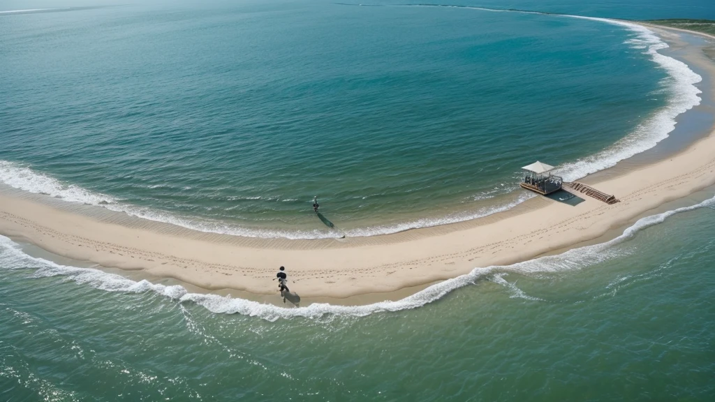 Top view，Close shot，Two children are fishing for pearls with a fishing net in the shallow sea，The beach is clear blue，sunny。There are waves。
