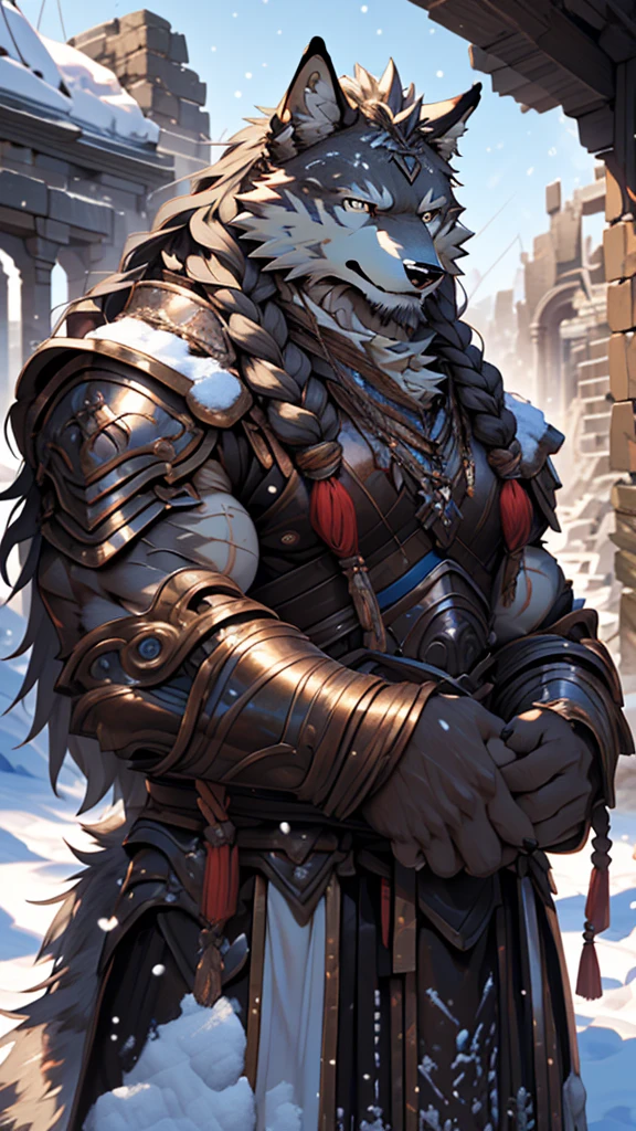 (photorealistic:1.4), 8k, (masterpiece), best quality, highest quality, (highly detailed fur:1.5), (detailed muscles:1.4), (detailed face:1.5), (realistic eyes), original, highres, unparalleled masterpiece, ultra realistic 8k, perfect artwork, grey wolf, male, middle aged, (general:1.2), armor, scars, long hair, braided hair, white braids, cold northern environment, (snowy:1.2), (ruins:1.3)