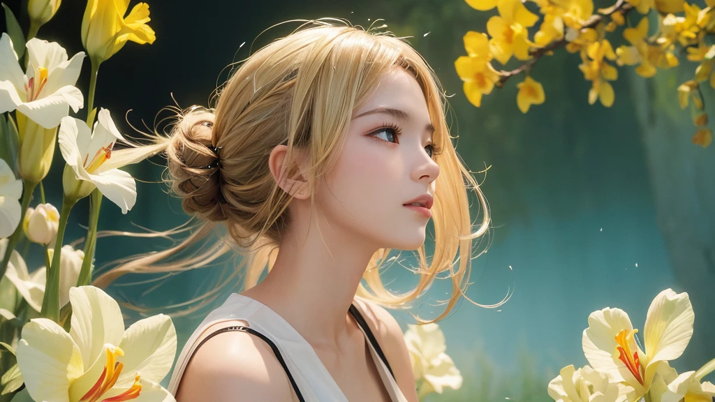 32k, Masterpiece, Highest quality, One girl, Detailed eyes, flower,gladiolus, Yellow and pink style,A dreamy, romantic piece,Pale yellow, Mysterious Leaves,A playful arrangement,Fantasy,High Contrast,Ink strokes,explosion,Exposure, Impression of yellow and white tones,Abstract,((Watercolours by John Berkey and Jeremy Mann )) Brush strokes,Negative Space, Tyndall effect,