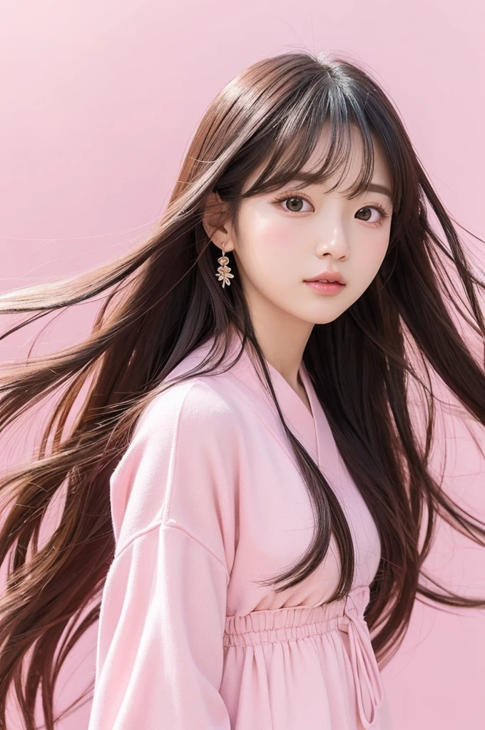 Please draw a cute girl。Her hairstyle and outfit look like a Korean idol.、Especially with her long, flowing hair.、Wearing contemporary clothing。Please use a soft pink background.。Not traditional Korean clothing、Draw a contemporary style。