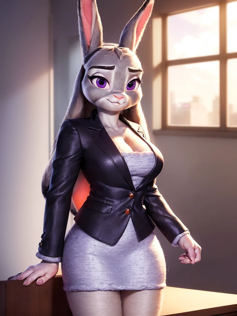 best quality,
masterpiece,
super detail,
3D,
Portrait,
background is an office,
sunlight,
(Face is JudyHopps:1.4),
((long straight hair)),
(see-through bangs:1.3),
bright purple eyes,
(arched eyebrows:1.2),
(uplift eyebrows:1.1),
(rabbit ears:1.1),
(outfit is made of wool:1.4),
(((body is made of wool fabric)))
(body is gray with fluffy and fluffy:1.3),
(skin is wool fabric with fluffy and fluffy:1.3),
office lady is wearing suit,
((White blouse)),
((Black blazer jacket)),
((Black skirt)),
clothes made of cotton,
(solo:1.5),
(1 lady:1.5),
one character only