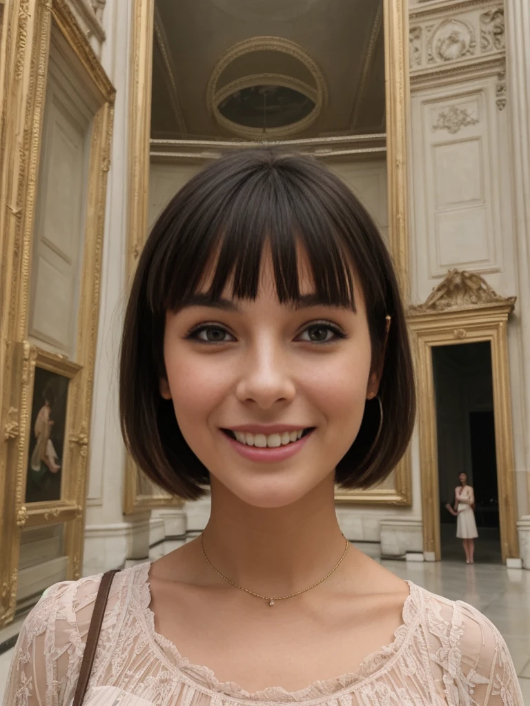 1girl, solo, realistic, her name is Cathlyn, she is a Caucasian brunette, 30 years old, mature face and body, smiling, short hair with bangs, chubby, wearing a pastel dress inside Louvre Museum in Paris, (((wide shot))), short hair
