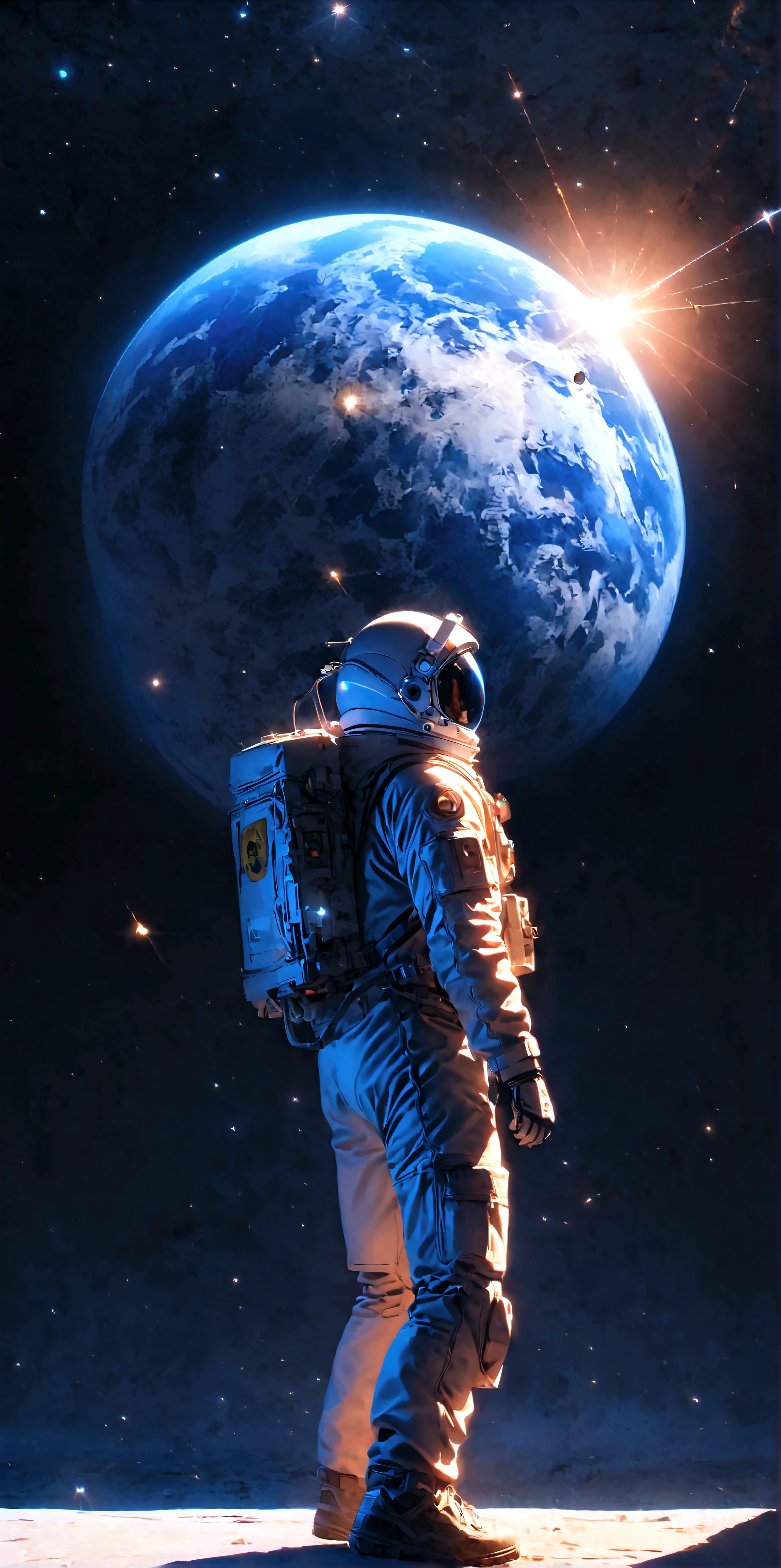 quality\(8k,wallpaper of extremely detailed CG unit, ​masterpiece,hight resolution,top-quality,top-quality real texture skin,hyper realisitic,increase the resolution,RAW photos,best qualtiy,highly detailed,the wallpaper,cinematic lighting,ray trace,golden ratio\), BREAK ,solo,1astronaut wearing space suit floating aimlessly in the galaxy\(dark,beautiful,beautiful stars\) and behind him a beautiful dazzling sun surely rising from behind the large beautiful (blue earth:1.6),(long shot:1.5)