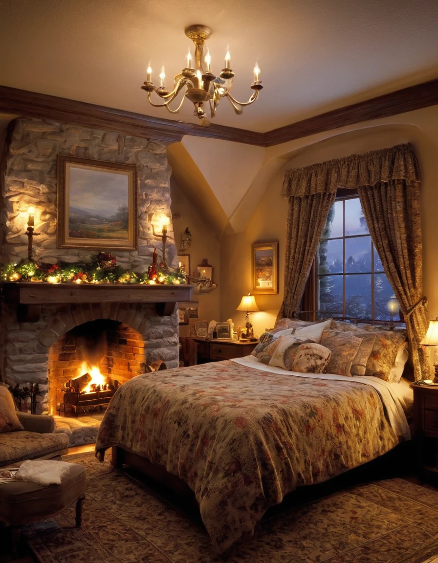 arafed bedroom with a fireplace and a bed with a blanket, thomas kinkade. cute cozy room, cozy and calm, cozy setting, very cozy, cozy wallpaper, cozy room, cozy place, cozy and peaceful atmosphere, cosy enchanted scene, cozy candlelight, cozy environment, cozy bed, soothing and cozy landscape, cozy atmosphere, cosy fireplace