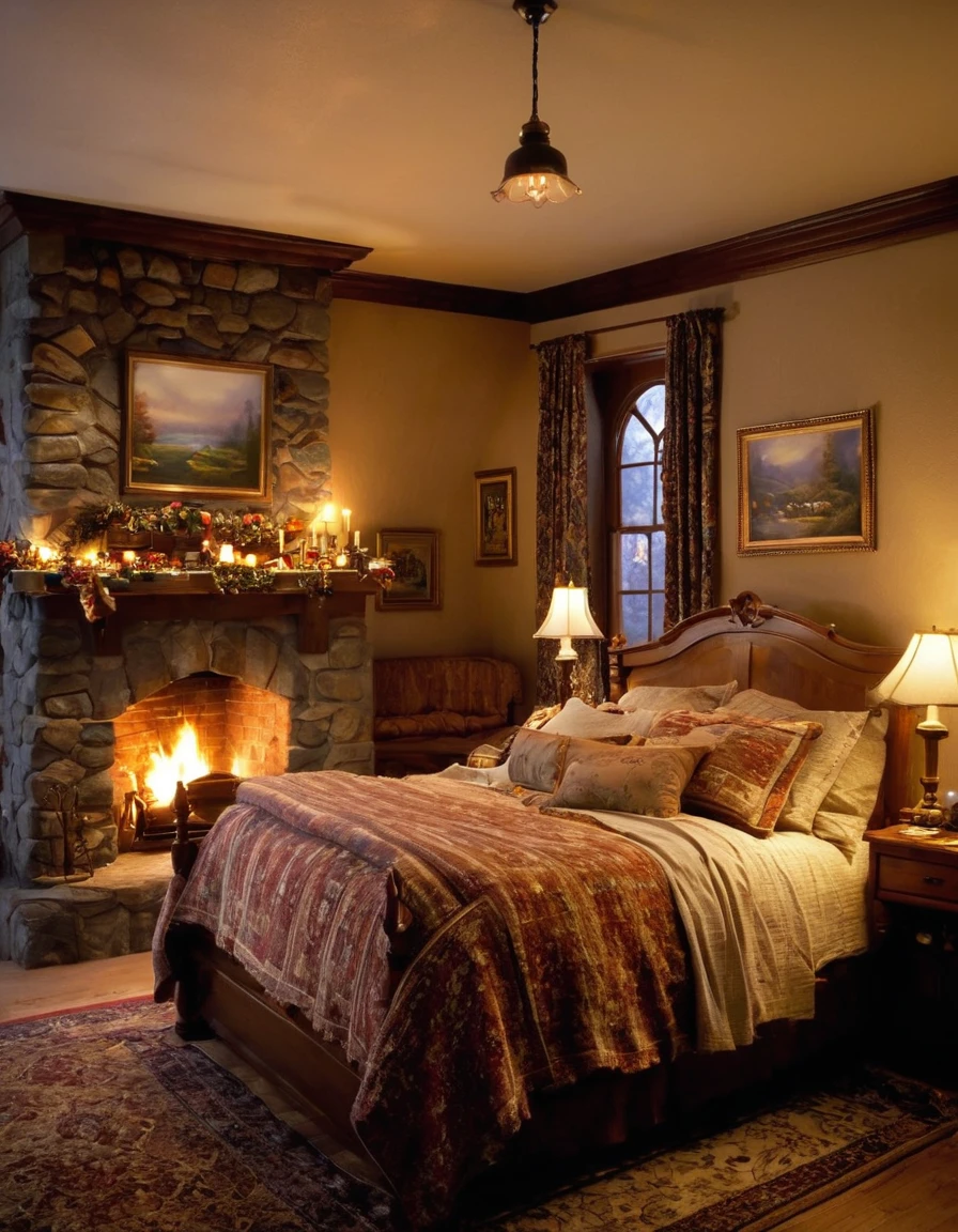 arafed bedroom with a fireplace and a bed with a blanket, thomas kinkade. cute cozy room, cozy and calm, cozy setting, very cozy, cozy wallpaper, cozy room, cozy place, cozy and peaceful atmosphere, cosy enchanted scene, cozy candlelight, cozy environment, cozy bed, soothing and cozy landscape, cozy atmosphere, cosy fireplace