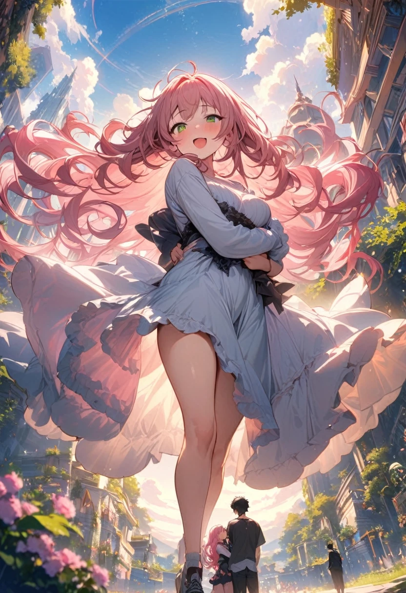 (couple), girl and boy, boy cuddling with girl, sky, rich in detail, embrace, happy expression, love, super wide angle, 1girl, (((masterpiece, best quality, scenery, aesthetic, heavenly))), ((girl with red eyes, vibrant pink long hair)), ((intimate)), 1boy, ((boy with green eyes, short black curly hair, slightly taller))