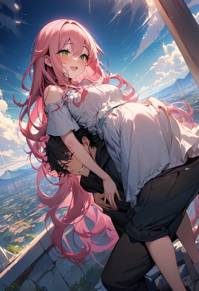 (couple), girl and boy, boy cuddling with girl, sky, rich in detail, embrace, happy expression, love, super wide angle, 1girl, (((masterpiece, best quality, scenery, aesthetic, heavenly))), ((girl with red eyes, vibrant pink long hair)), ((intimate)), 1boy, ((boy with green eyes, short black curly hair, slightly taller))