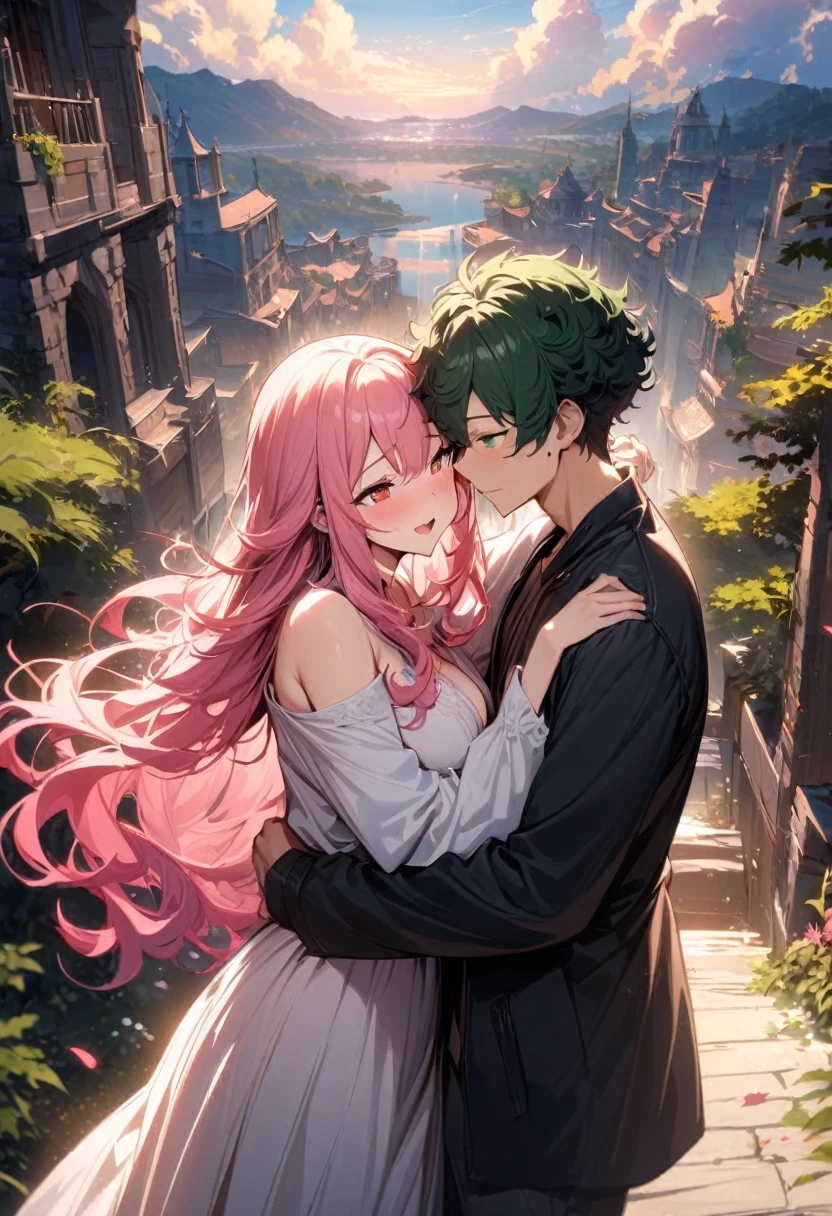 (couple), girl and boy, boy cuddling with girl, sky, rich in detail, embrace, happy expression, love, super wide angle, 1girl, (((masterpiece, best quality, scenery, aesthetic, heavenly))), ((girl with red eyes, vibrant pink long hair)), ((intimate)), 1boy, ((boy with green eyes, short black curly hair, slightly taller))