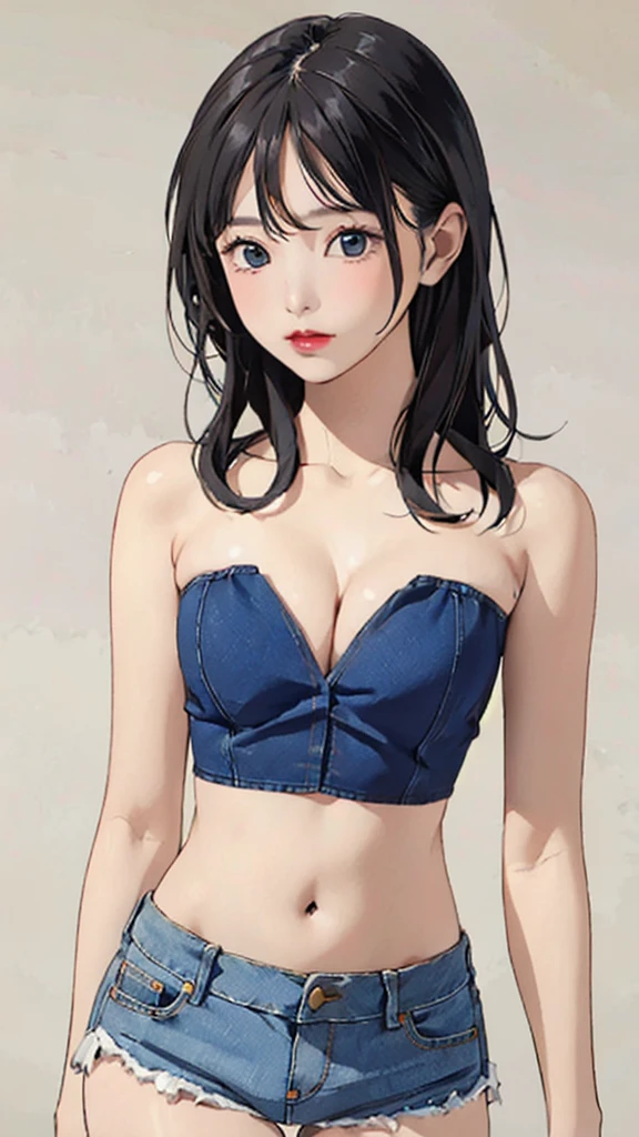 1girl, strapless, tube top, denim shorts, Cleavage, navel, simple background,