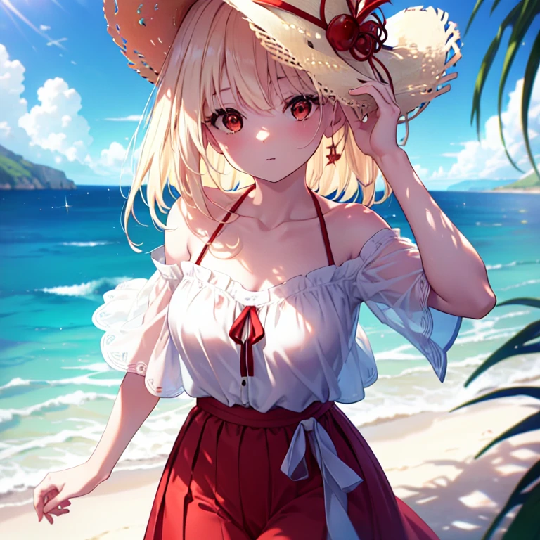 chisatonishikigi, Nishikigi chisato,long hair , bangs, blonde hair, (red eyes:1.5), ,smile,blush,open your mouth,Big straw hat,off shoulder dress,long skirt,naked neck,bare shoulders,bare clavicle,Grabbing the skirt with both hands and lifting it up,barefoot,While walking along the sandy beach,Blonde hair waving in the breeze, true summer,Light of the sun,
BREAK outdoors,beach ,
BREAK looking at viewer, (cowboy shot:1.5),
BREAK (masterpiece:1.2), highest quality, High resolution, unity 8k wallpaper, (figure:0.8), (detailed and beautiful eyes:1.6), highly detailed face, perfect lighting, Very detailed CG, (perfect hands, perfect anatomy),