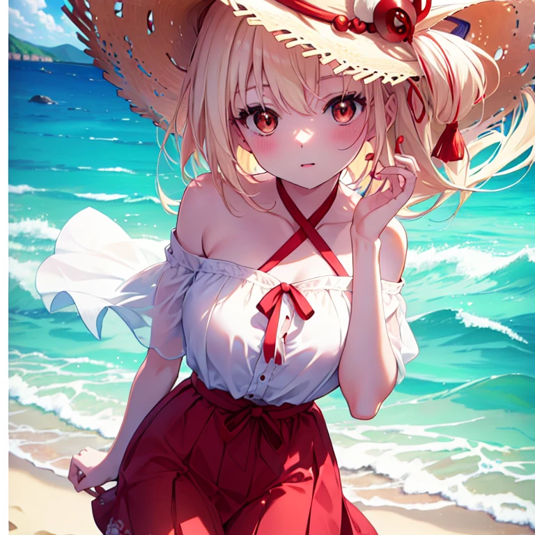 chisatonishikigi, Nishikigi chisato,long hair , bangs, blonde hair, (red eyes:1.5), ,smile,blush,open your mouth,Big straw hat,off shoulder dress,long skirt,naked neck,bare shoulders,bare clavicle,Grabbing the skirt with both hands and lifting it up,barefoot,While walking along the sandy beach,Blonde hair waving in the breeze, true summer,Light of the sun,
BREAK outdoors,beach ,
BREAK looking at viewer, (cowboy shot:1.5),
BREAK (masterpiece:1.2), highest quality, High resolution, unity 8k wallpaper, (figure:0.8), (detailed and beautiful eyes:1.6), highly detailed face, perfect lighting, Very detailed CG, (perfect hands, perfect ???????),