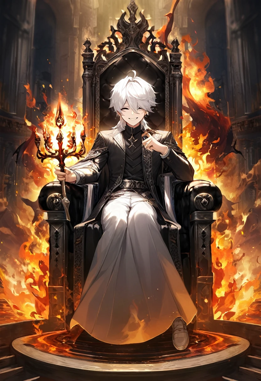 White white hair boy in a pitty smile face sitting in a black throne and his hand is holding a fire and theres in a abyss throne havong a hand on fire no shade and no man in the back