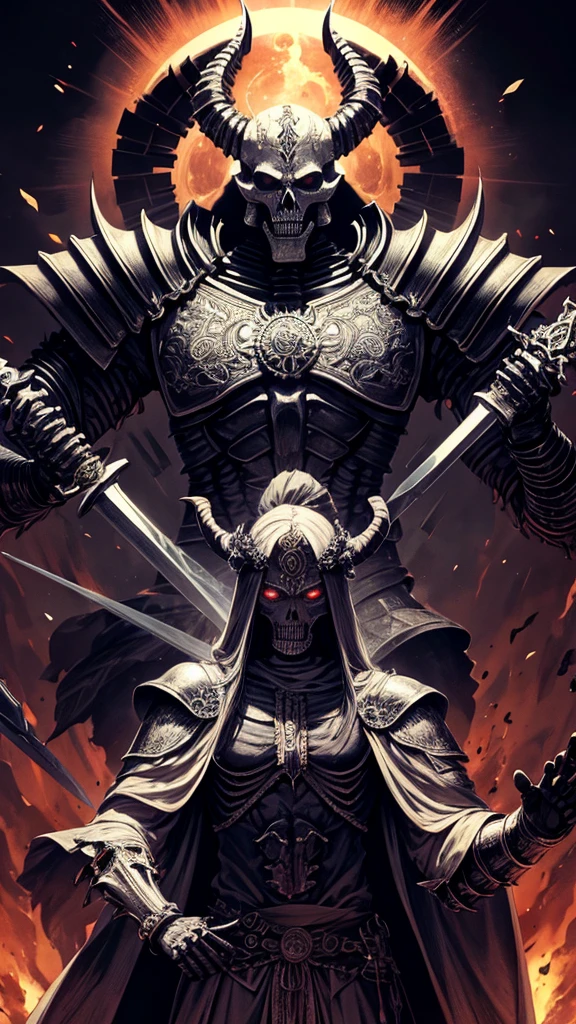 Ser imposing, Skeletal, demonic, With horns, with a sword drawn, God of Death, mictlantecuhtli, skeleton, armor, be powerful, Mexico, be mystical, lord of the underworld, god of the dead