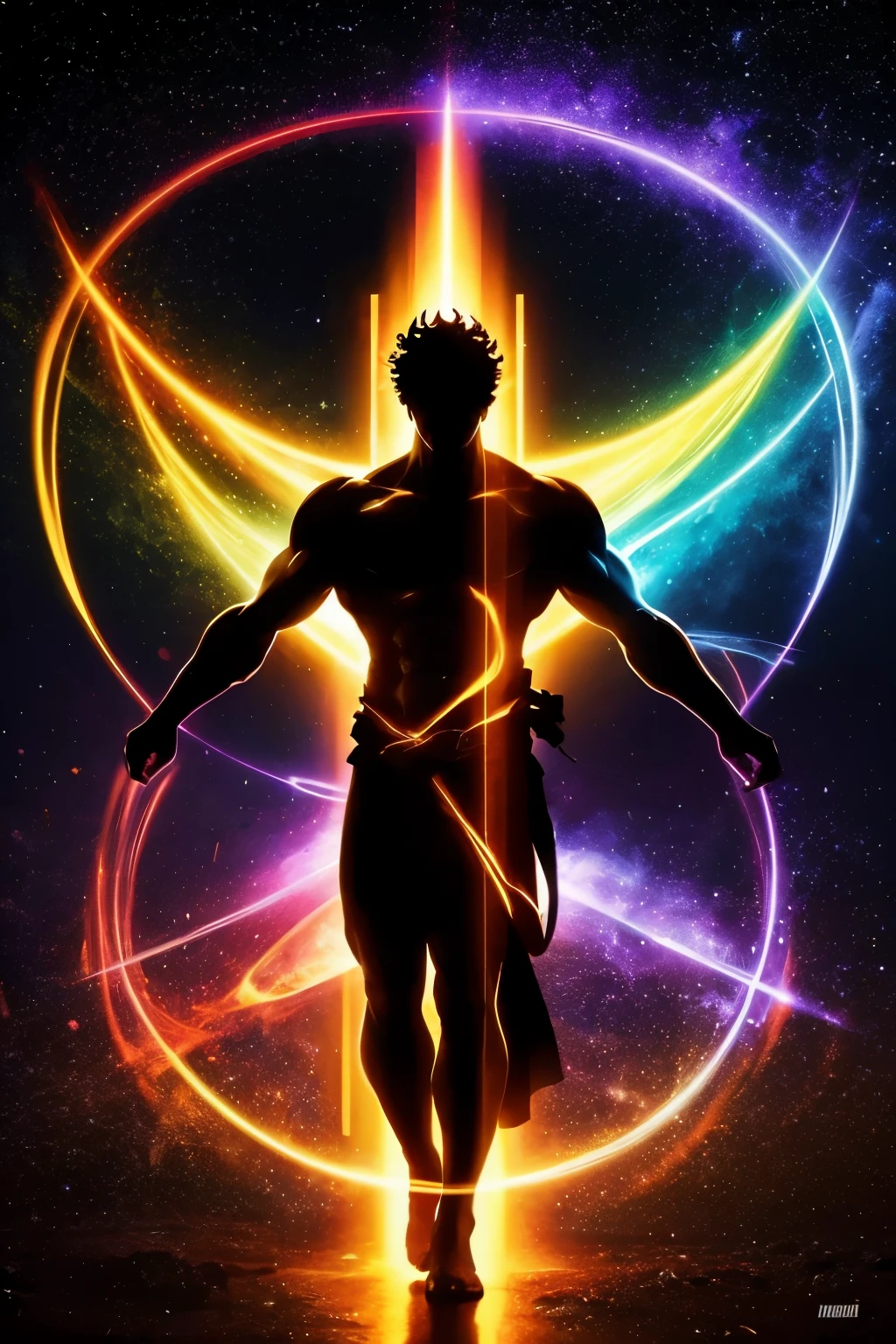 ・Three beams of different color light in the darkness head towards the center and intersect at one point
・In the center you can see the silhouette of a divine Greek myth-style god
