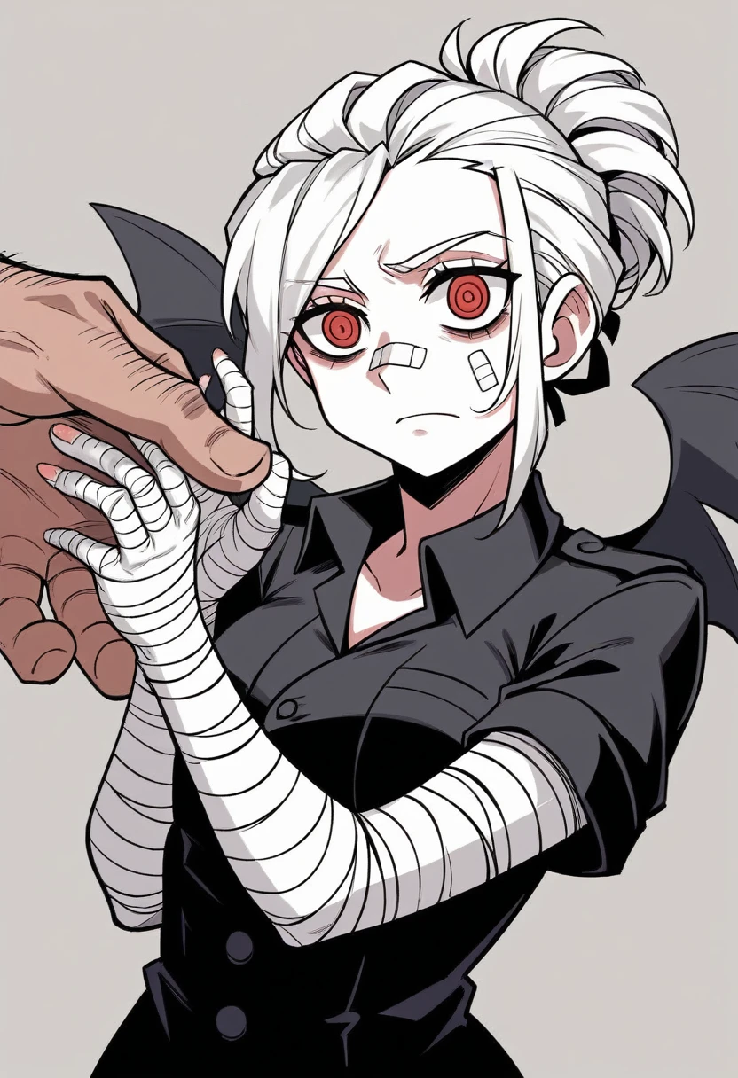 (masterpiece), best quality, expressive eyes, perfect face(masterpiece), best quality, expressive eyes, perfect face, eyes full black, cenobita, hellraiser, Leather Clothes, rusty steel wings, Deep wounds in the chest and abdomen, rusty nails in the right arm, bandages on the head and face, ((((bandaged man))))