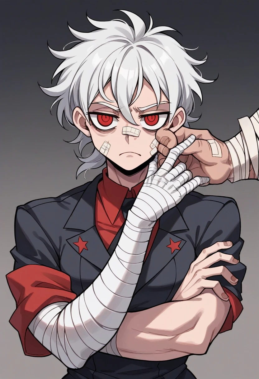 (masterpiece), best quality, expressive eyes, perfect face(masterpiece), best quality, expressive eyes, perfect face, eyes full black, cenobita, hellraiser, Leather Clothes, rusty steel wings, Deep wounds in the chest and abdomen, rusty nails in the right arm, bandages on the head and face, ((((bandaged man))))