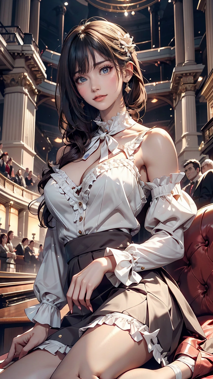 24-year-old female、Model-like proportions、My hips are constricted、slim、Wear a frilly blouse、cameo((cameo))apply、Wear a long skirt、Wear heels、レースでできたロンググローブapply、At the Opera House、Before the opera begins
