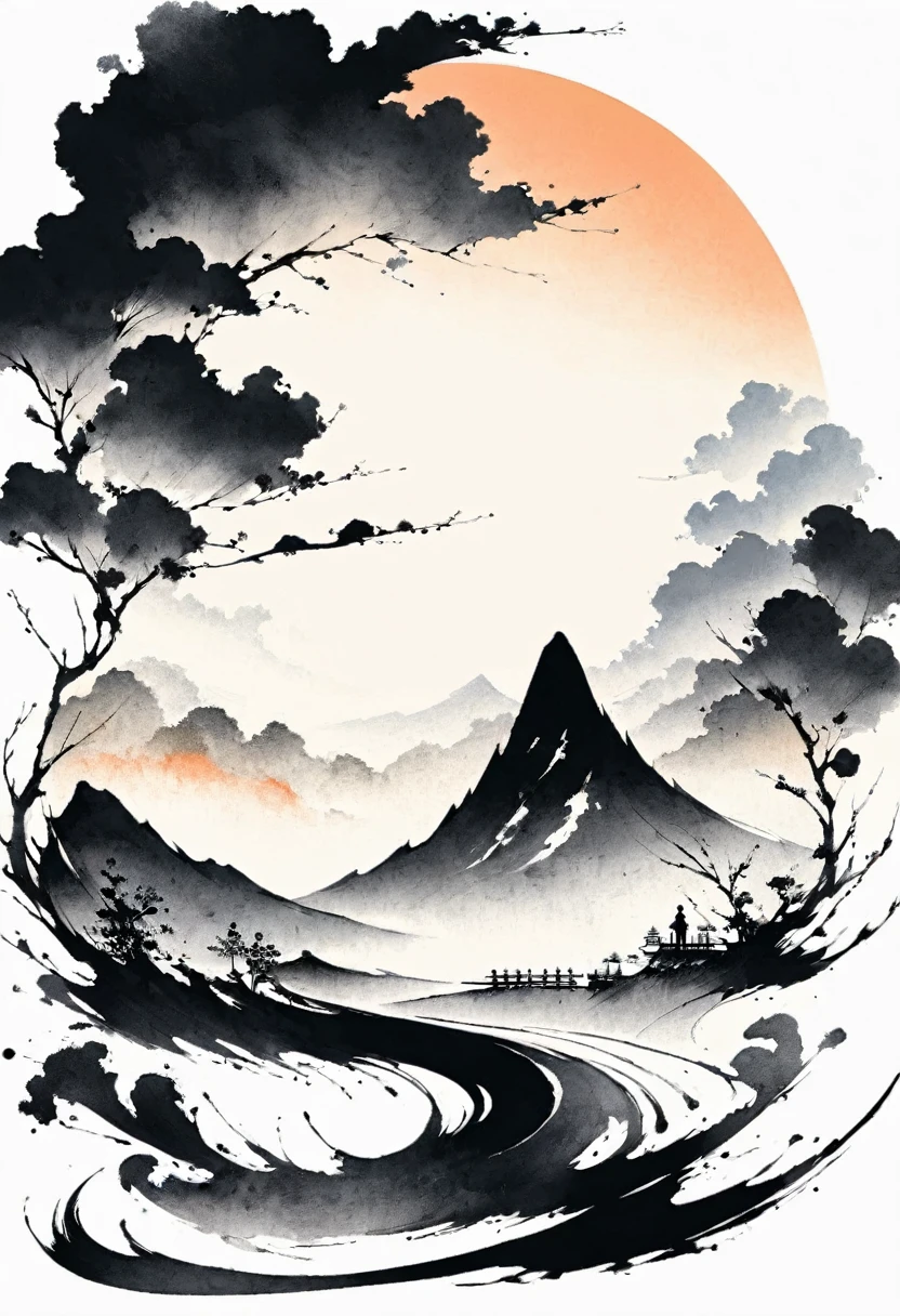 (Lots of white space:1.5),(Lots of white space around:1.6), White background, simple, Minimalism, abstract,Freehand,Aesthetic,black and white,Ink Painting,antiquity,sunrise,a mountain,A person far away