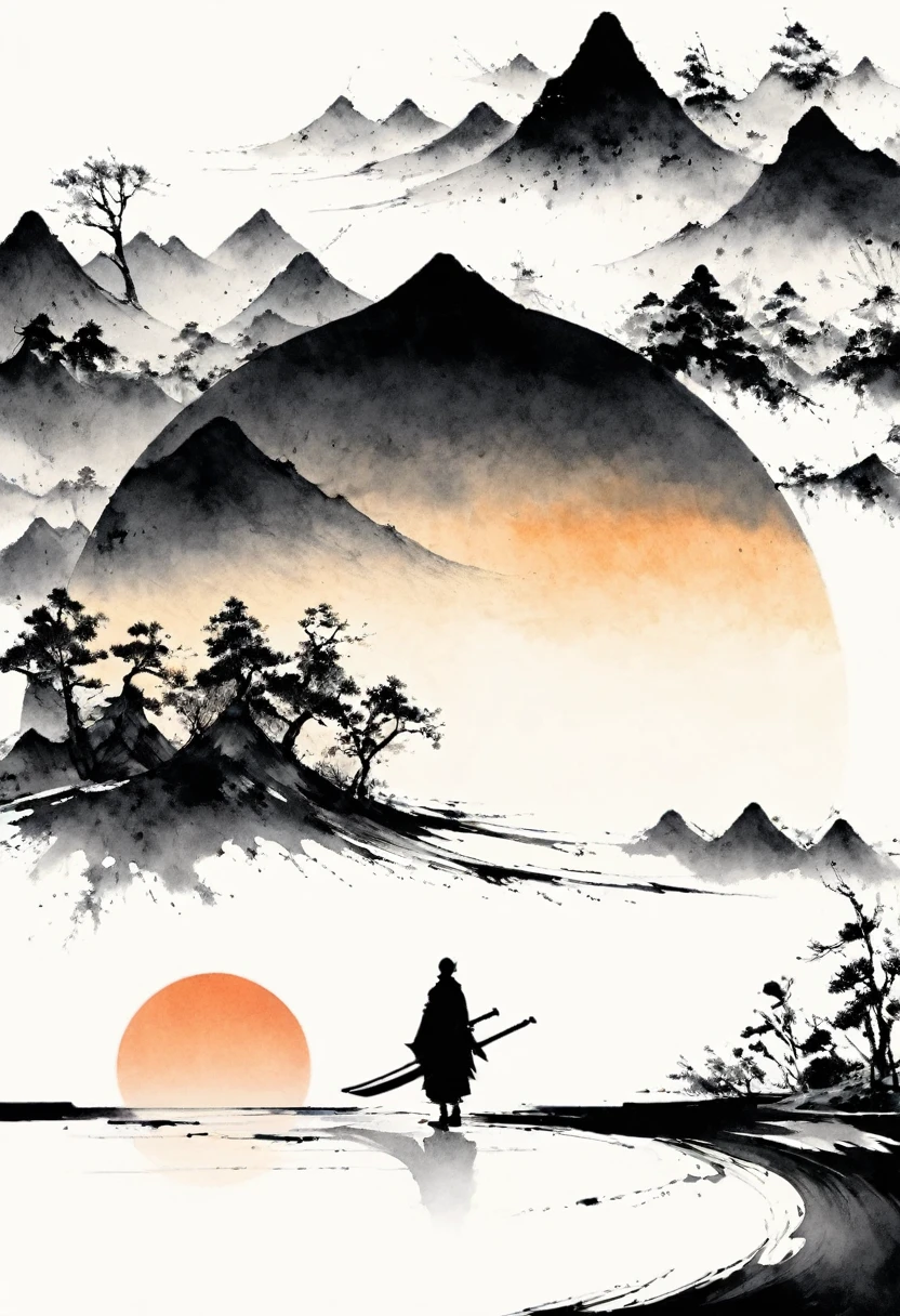 (Lots of white space:1.5),(Lots of white space around:1.6), White background, simple, Minimalism, abstract,Freehand,Aesthetic,black and white,Ink Painting,antiquity,sunrise,a mountain,A person far away