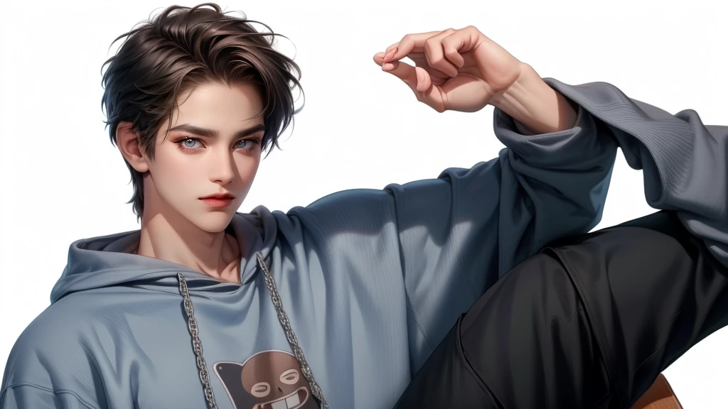 (masterpiece,best quality,Extremists_detailed,high resolution,absurd),1 adult male, No. 30, (Broad shoulders), (muscular), Male focus, Solitary,Brown soft hair, chain, Blue sweatshirt, No background, Gray blue eyes, whole body, hoodie, short hair, Looking at the audience, Smiley Face, Open your mouth, Black wide-leg pants, Long sleeve, White background,, Jewelry.
