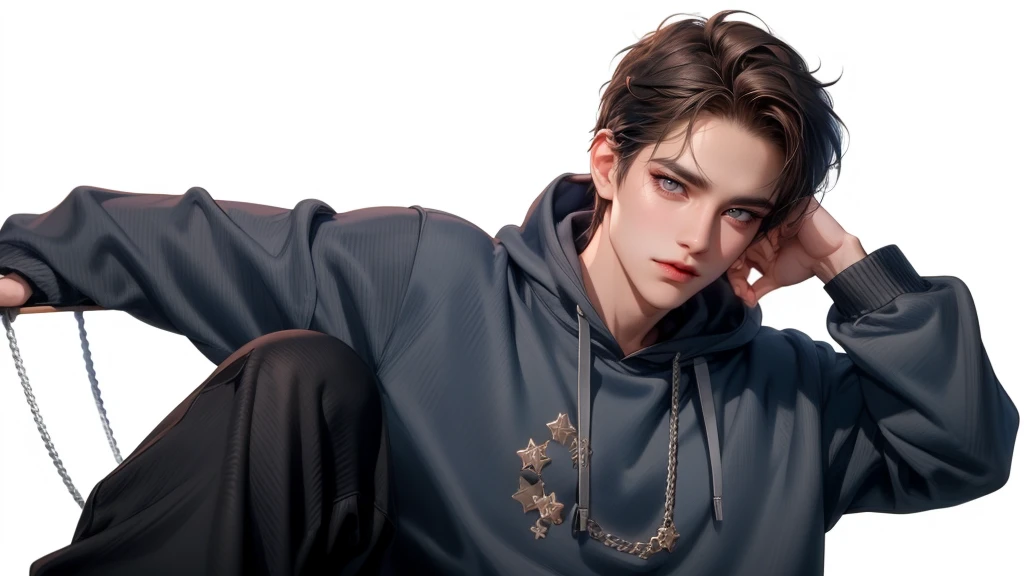 (masterpiece,best quality,Extremists_detailed,high resolution,absurd),1 adult male, No. 30, (Broad shoulders), (muscular), Male focus, Solitary,Brown soft hair, chain, Blue sweatshirt, No background, Gray blue eyes, whole body, hoodie, short hair, Looking at the audience, Smiley Face, Open your mouth, Black wide-leg pants, Long sleeve, White background,, Jewelry.