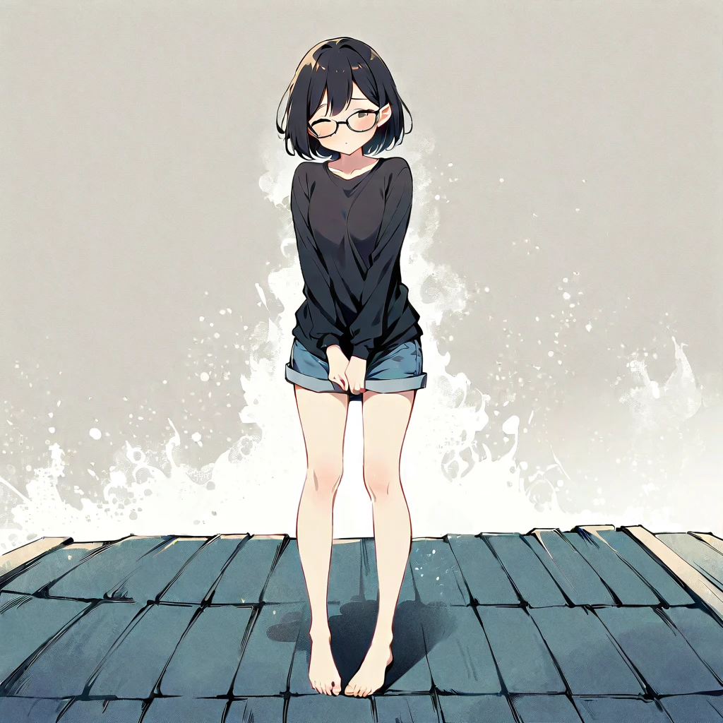 (Person Standing on the Rooftop:1.3),Girl on the rooftop,Simple lineinimalism,Abstract Art,City background, urge to pee, covering crotch with two hands, knees together, feet apart, open eyes, long sleeves, shorts, wearing glasses