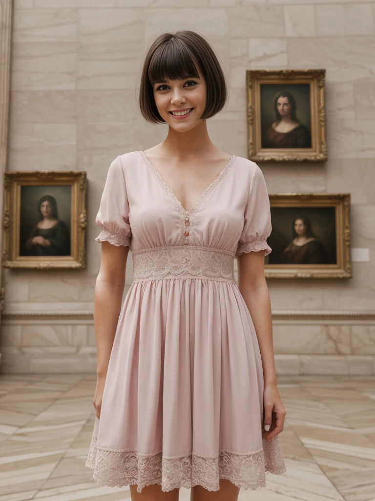 1girl, solo, realistic, her name is Cathlyn, she is a Caucasian brunette, 30 years old, mature face and body, smiling, short hair with bangs, chubby, wearing a pastel dress inside Louvre Museum in Paris, (((wide shot))), short hair