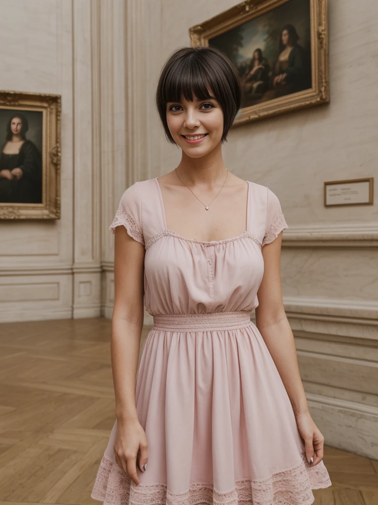 1girl, solo, realistic, her name is Cathlyn, she is a Caucasian brunette, 30 years old, mature face and body, smiling, short hair with bangs, chubby, wearing a pastel dress inside Louvre Museum in Paris, (((wide shot))), short hair