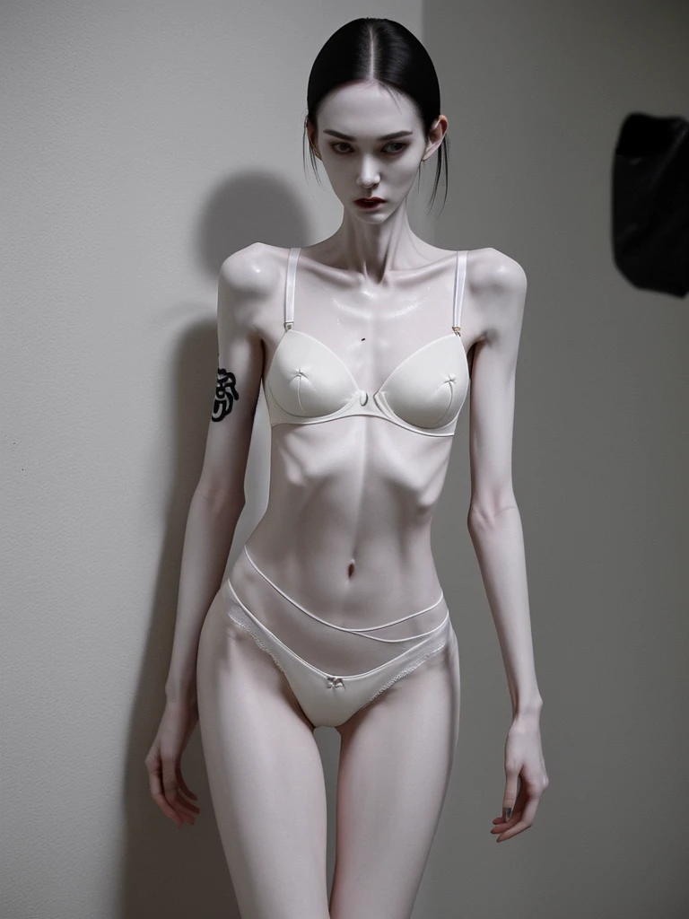 a woman, very thin body, body visible bones, very slender, pale white skin, panties, bra,tatto, full body, has a mental breakdown in an underground prison, sweaty weat body