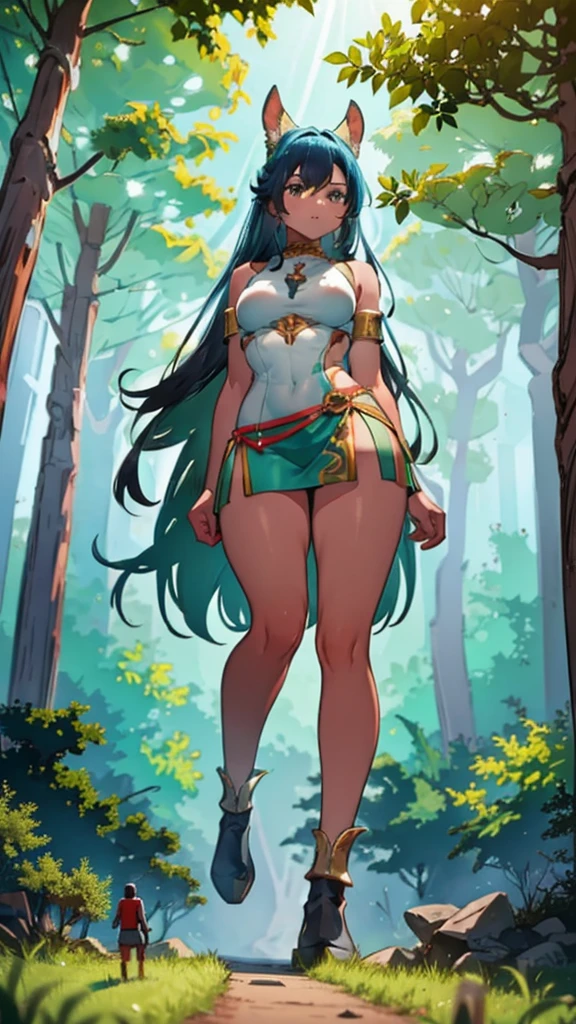 In a forest of large trees there is an even larger Amazonian giantess, with brown skin, black hair, thin, with clothes of the forest, and with very long legs, she is looking for small human invaders of the forest to destroy them so that they do not disturb the peace of the forest. Giantess, goddess, hot, black skin, tall legs, sexy, tiny people, tiny humans, crush, forest, trees, standing, group of small people, slim body