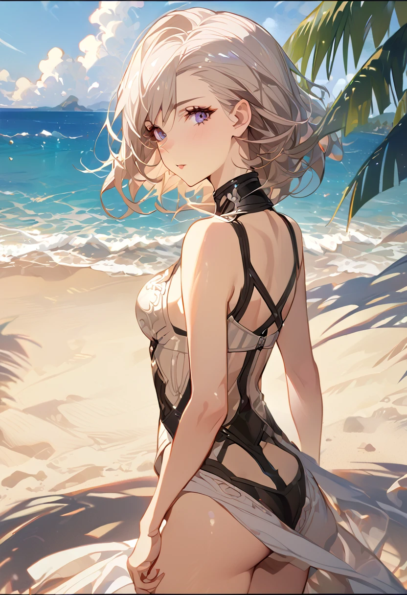 masterpiece, best quality, 8k, 4k, 1girl, ashelia final fantasy xii, slim body, looking at viewer, standing nicely, wind blowing, finely detailed eyes and detailed face, face detailed, hair detailed, clothes detailed, ((high quality)), extreme detail, beach sand, palm tree, calm water, high hills overlooking the sea, hollowed hills,  inspired by Asukaziye artist : ask, art style : ask