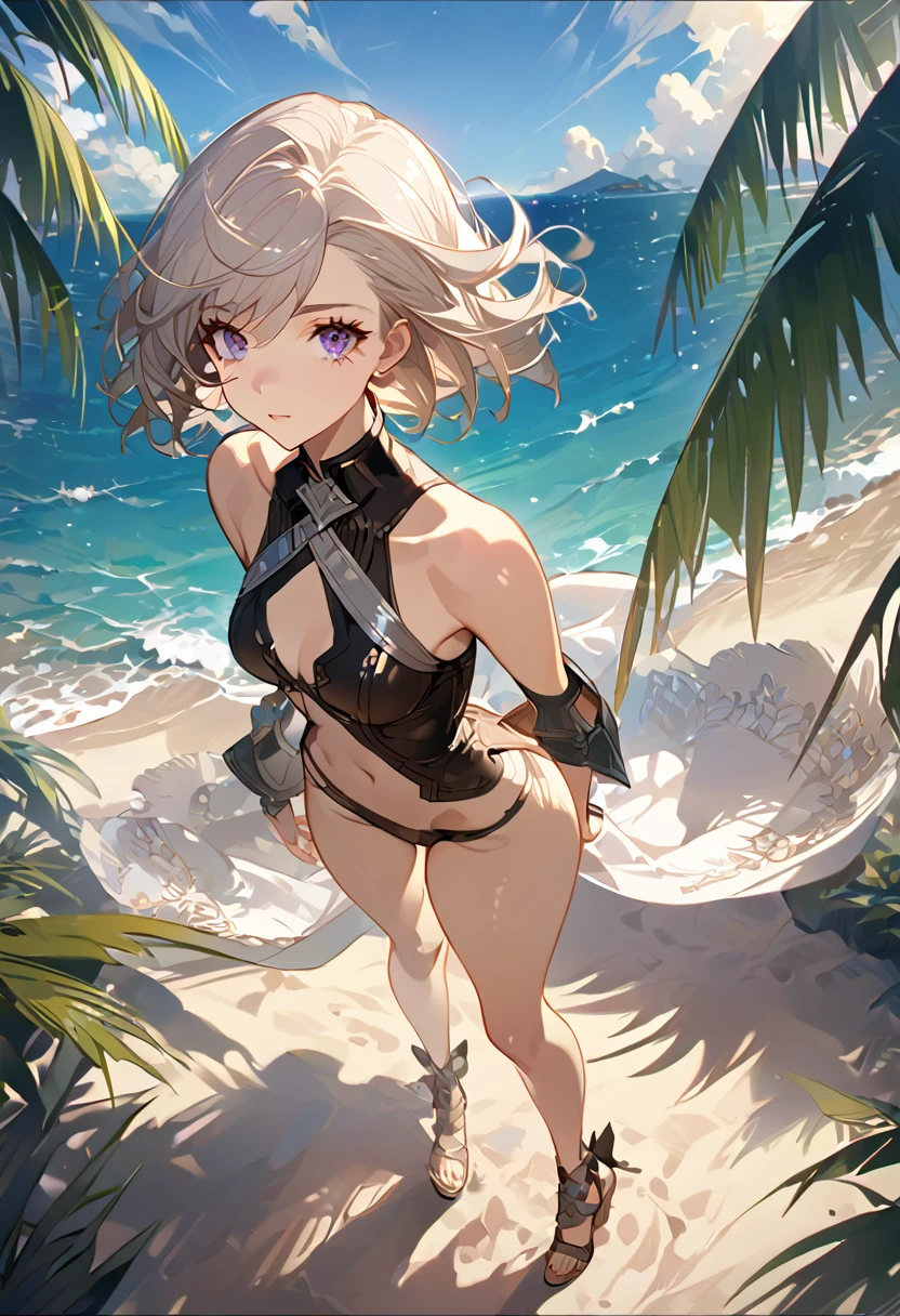 masterpiece, best quality, 8k, 4k, 1girl, ashelia final fantasy xii, slim body, looking at viewer, standing nicely, wind blowing, finely detailed eyes and detailed face, face detailed, hair detailed, clothes detailed, ((high quality)), extreme detail, beach sand, palm tree, calm water, high hills overlooking the sea, hollowed hills, inspired by Asukaziye artist : ask, art style : ask